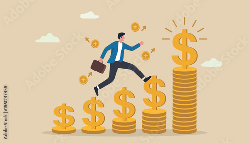 Growth earning investment, increasing income and bonus career success financial business concept, businessman professional manager walking a jumping growth golden dollar signs