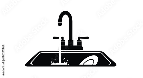 Black sink with faucet and running water a striking silhouette