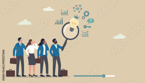 Business insights intelligence information for competitive advantage win competition, discover business solution concept, business people team looking lightbulb floating from magnifying glass