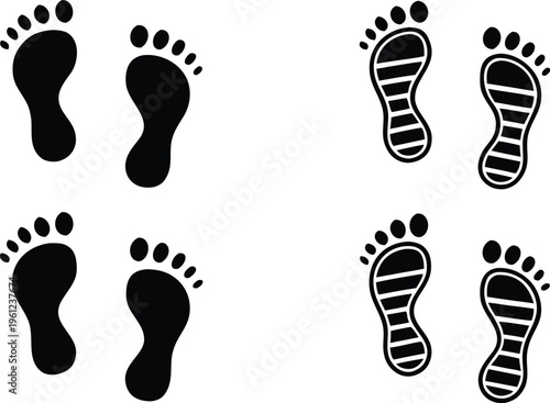 Black footprints set with and without shoe soles human footprints on white background