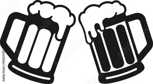 Two beer mugs with foamy beer clinking together in a celebratory toast