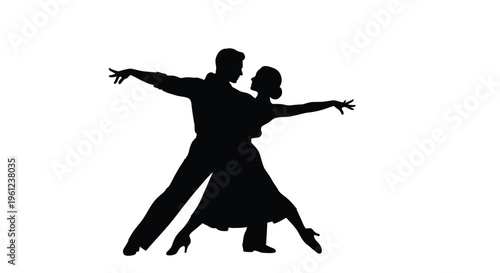 A couple elegantly dancing a ballroom dance in a striking silhouette