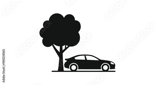 A dark silhouette of a car parked beneath a lush tree silhouette