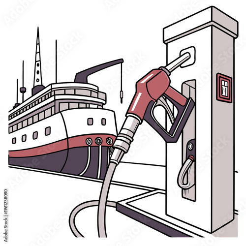 Vector illustration of a ship refueling at a gas station pump