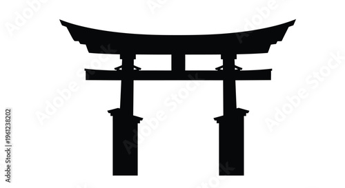 Traditional japanese torii gate stands prominently against a white background silhouette