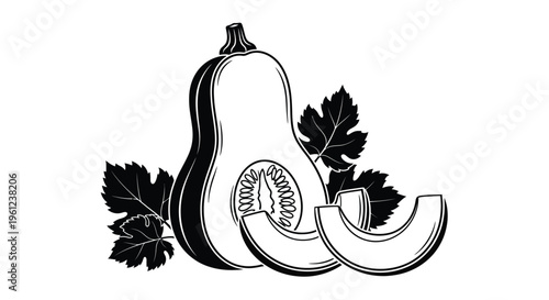 Black and white illustration of a butternut squash with leaves a striking silhouette
