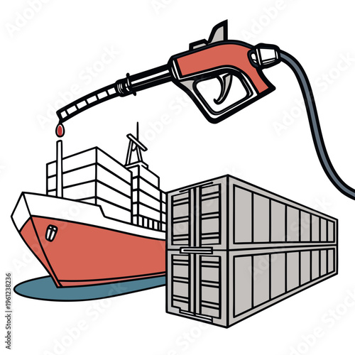 Vector illustration of a cargo ship being refueled with a container nearby