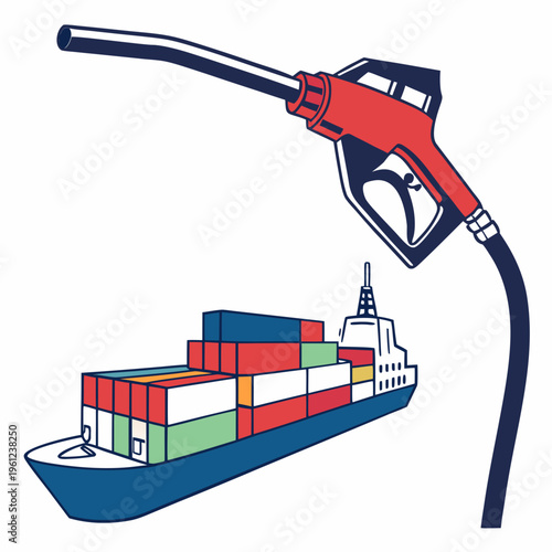 Vector illustration of a cargo ship being refueled with a giant gas pump nozzle