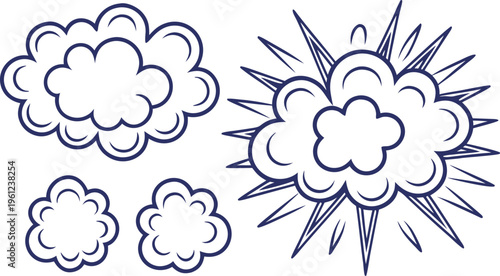 Cartoon explosive smoke clouds set in blue outline on white