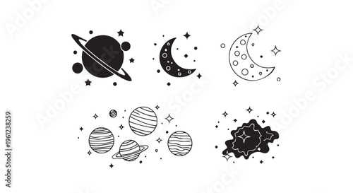 A collection of various celestial bodies and space related illustrations