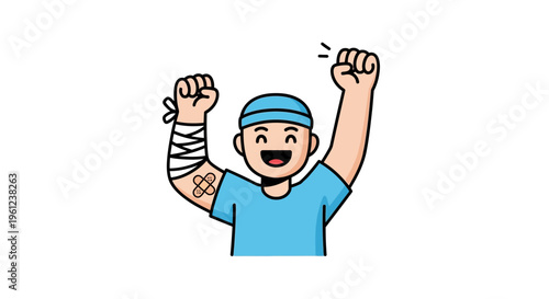 Cheerful man with bandaged arm celebrating.