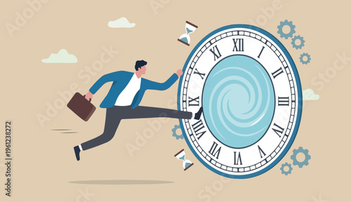 Time management or time travel to the future, time fast too work deadline, productivity efficiency, effort or work schedule, evolution concept, businessman jump into clock to the future