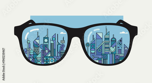 Glasses with city view reflection.