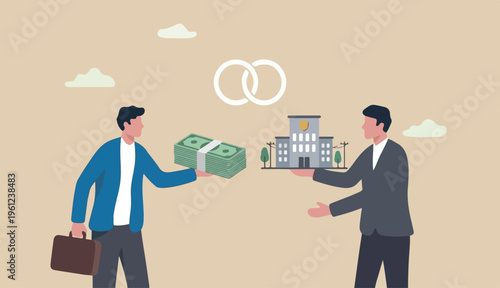 Company buyout, acquisition agreement or takeover, selling company offer or merger, franchise business concept, businessman offer money buy other hand offer company shop building
