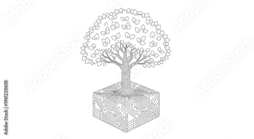 Tree Growing Out of Cube Block.