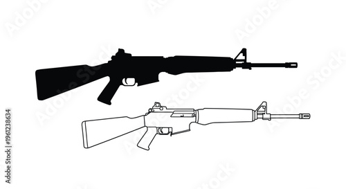 Detailed illustration of two assault rifles in stark black silhouette