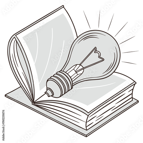 A lightbulb sitting on an open book with rays of light emanating from it