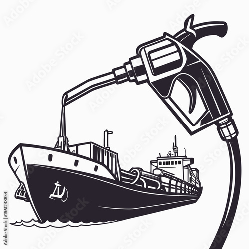 Black and white illustration of a ship being refueled with a gas pump nozzle
