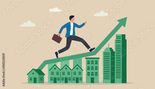 Real estate market price rising up chart homebuyer property investment concept, businessman homebuyer real estate agent happy running rising up house building green to graph an chart