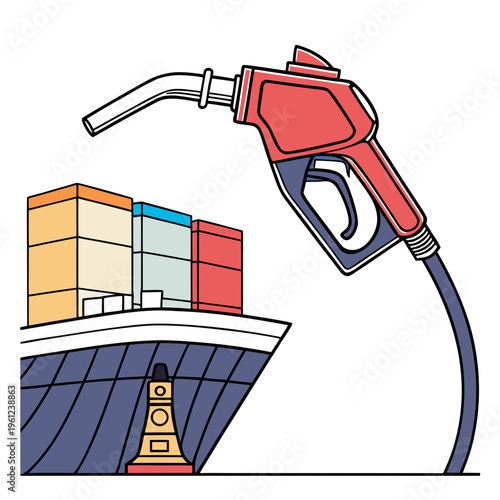 Cartoon illustration of a gas pump nozzle refueling a cargo ship