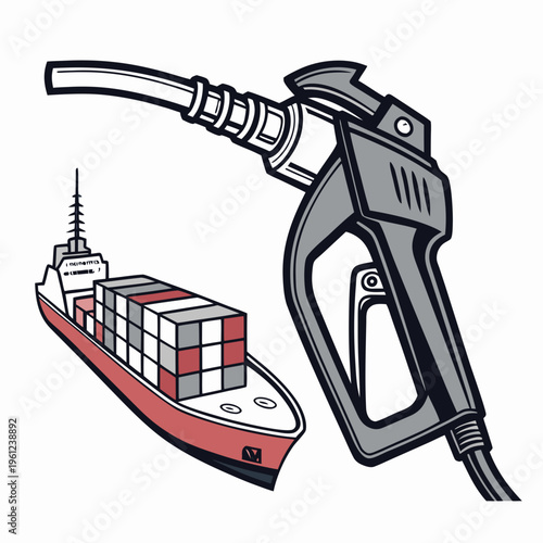 Vector illustration of a gas pump nozzle and cargo ship with containers on deck
