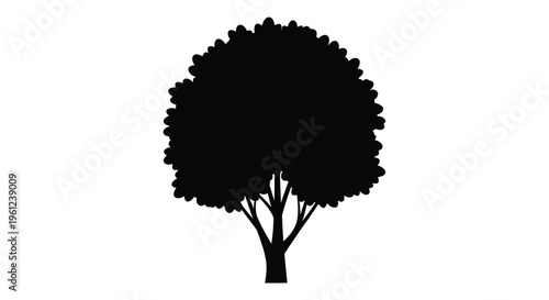 A detailed black silhouette of a bushy tree against a white background