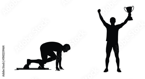 A victorious athlete celebrates with a trophy runner at the start line silhouette
