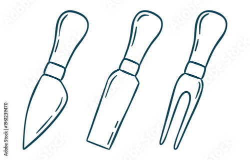 Doodle style cheese slicer, fork, spatula with Mediterranean blue outline. Clean hand-drawn vector of kitchen utensil for food packaging or cafe branding
