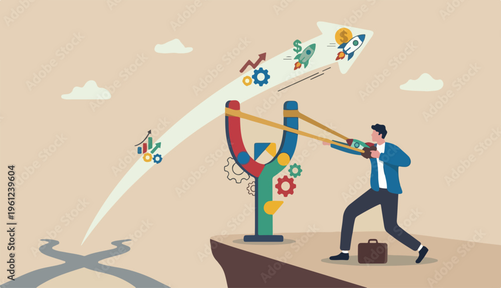 Fototapeta premium Entrepreneurship ready to launch new project work improvement career development, speed business growth concept, brave businessman pull rubber band ready launch slingshot flight