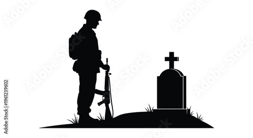 Soldier standing guard at a gravesite with a rifle a somber silhouette