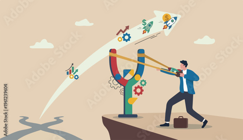 Entrepreneurship ready to launch new project work improvement career development, speed business growth concept, brave businessman pull rubber band ready launch slingshot flight