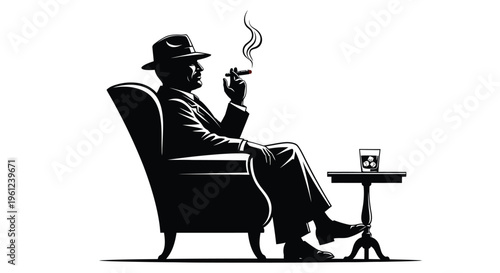 A man in a suit sits with a drink and cigarette black silhouette
