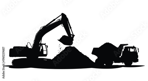 Construction machinery working at a site including an excavator and dump truck silhouette