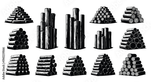 Woodpile arrangements in a graphic style showcasing stacked logs silhouette