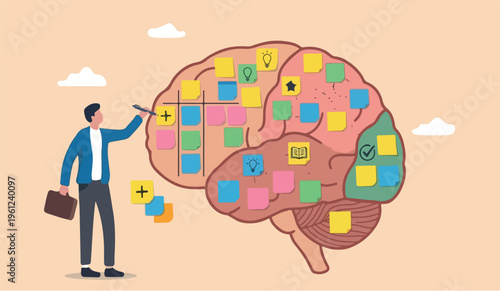 memo brainstorm sticky notes productive plan memory or task reminder, mind map for work arrangement, thought and wisdom concept businessman human brain