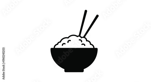 A black silhouette of a rice bowl with chopsticks on white