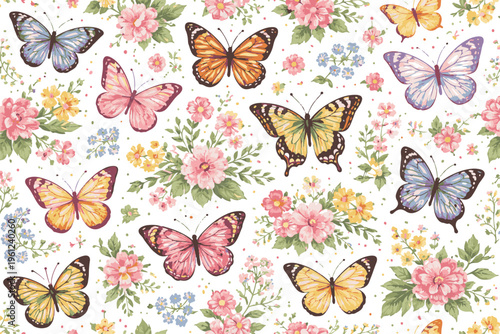 Butterflies and Flowers Seamless Spring Vector Pattern