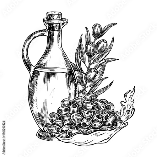 A glass bottle of oil, a handful of olives, a splash of oil, and an olive branch. A black and white vector illustration drawn by hand. For recipes, cookbooks, packaging, labels, and more.