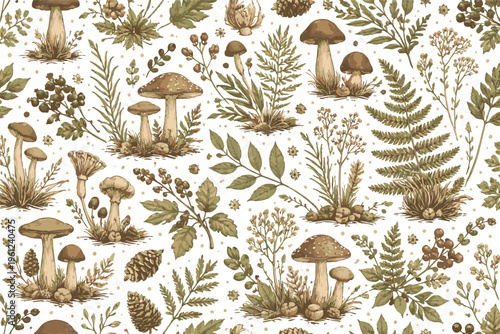 Wild Forest Plants and Mushrooms Seamless Botanical Pattern