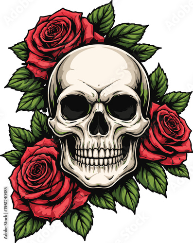 Skull with Roses Tattoo Style Vector Illustration