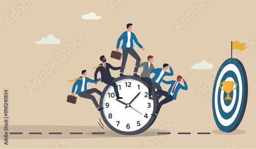 Time management this on in the for you schedule deadline productivity efficiency work concept businessmen riding rolling clock face with confidence skillful success reach target