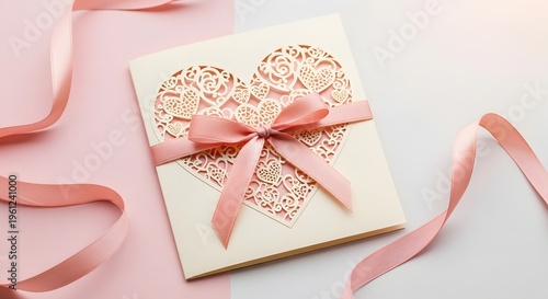 Elegant pink and cream heart-shaped laser cut invitation card with satin ribbon for celebration