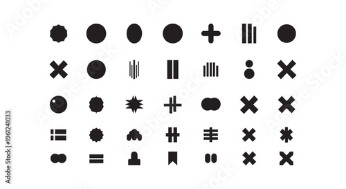 A collection of various black symbols and icons on a white background