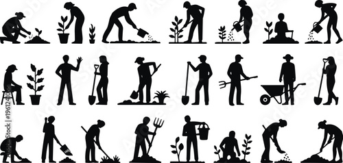 Gardening people silhouette vector set, planting watering digging, farmer and gardener activities, agriculture work poses, nature care illustration collection bundle