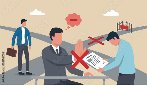 Rejection to the for in we this is ondecline or refuse in conversation, say no or disapprove, disagreement, deny request or manager decision authority, work conflict concept, businessman hand reject