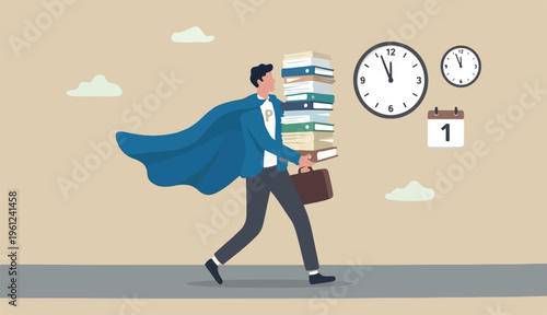 Handle busy work, manage workload complete multitasks deadline to organize paperwork documents, effective productive concept, businessman superhero carry paperwork documents