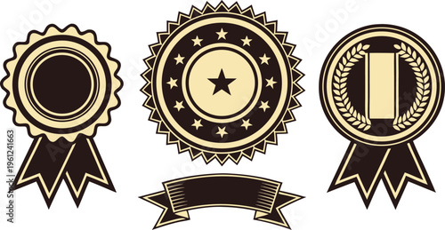 Luxury golden labels set with ribbons and rosettes
