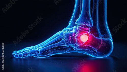 Foot Skeleton Illustration with Highlighted Pain Area, Medical Visualization of Injury and Anatomy, Blue X-Ray Effect