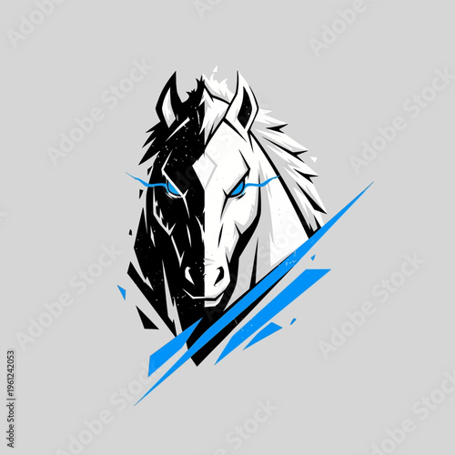 Dynamic Horse Head Esport Logo Design with Blue Accents.