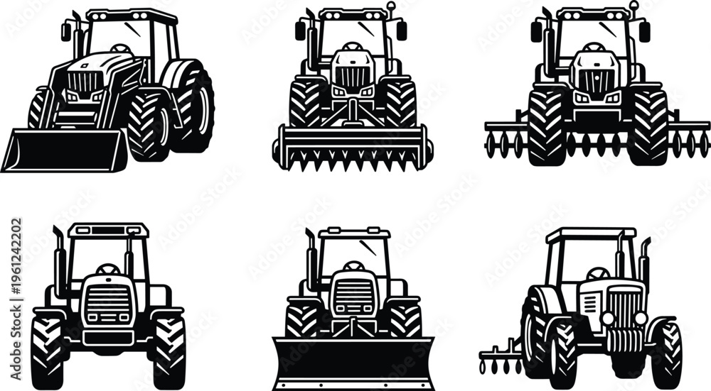 Obraz premium Black and white tractor front view silhouettes with loader, blade, rake, harrow, rotary tiller, and farming machinery attachments for agriculture equipment illustration